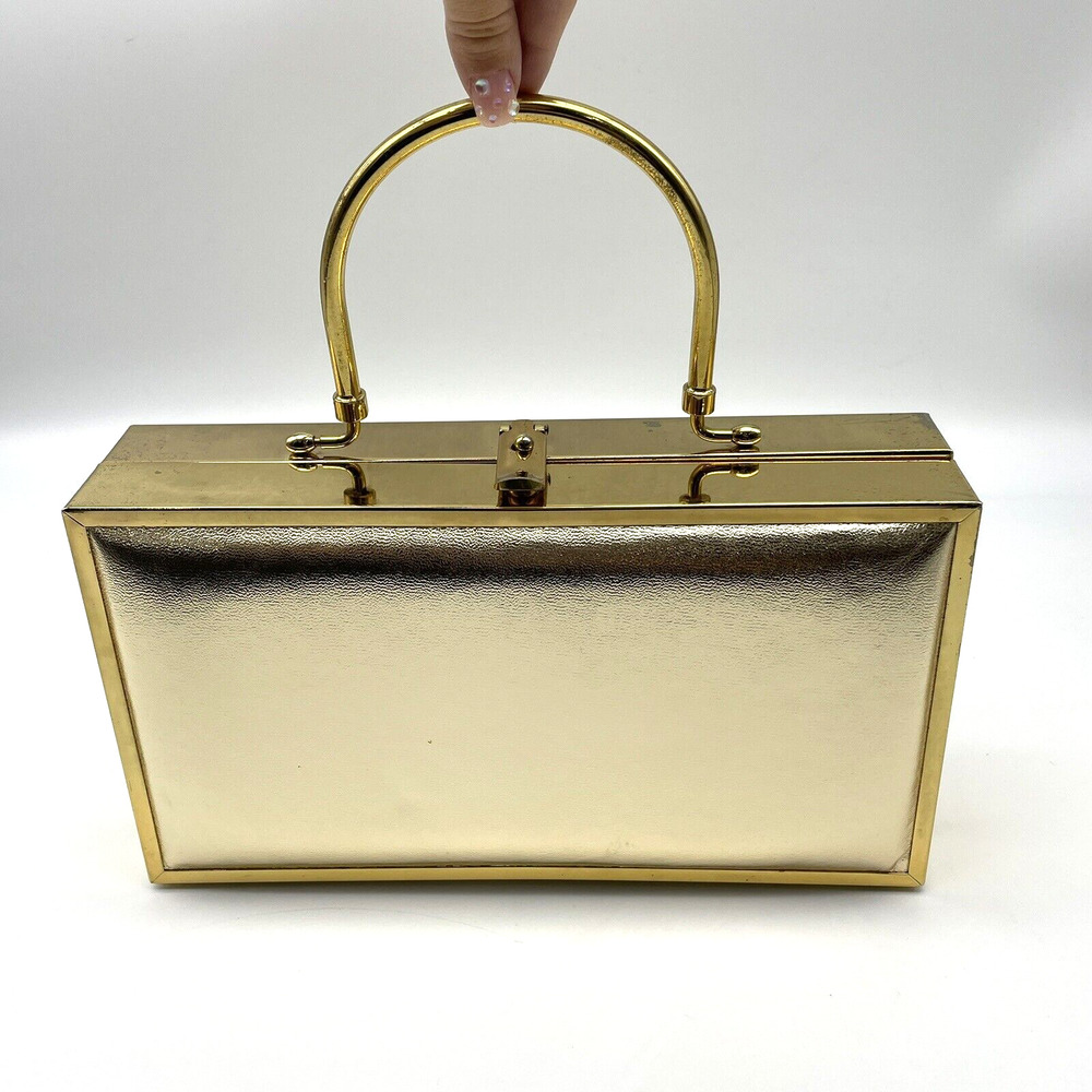 Vtg 70s Lou Taylor Miami Gold On Gold Art Deco Padded Frame Box Handbag Purse
